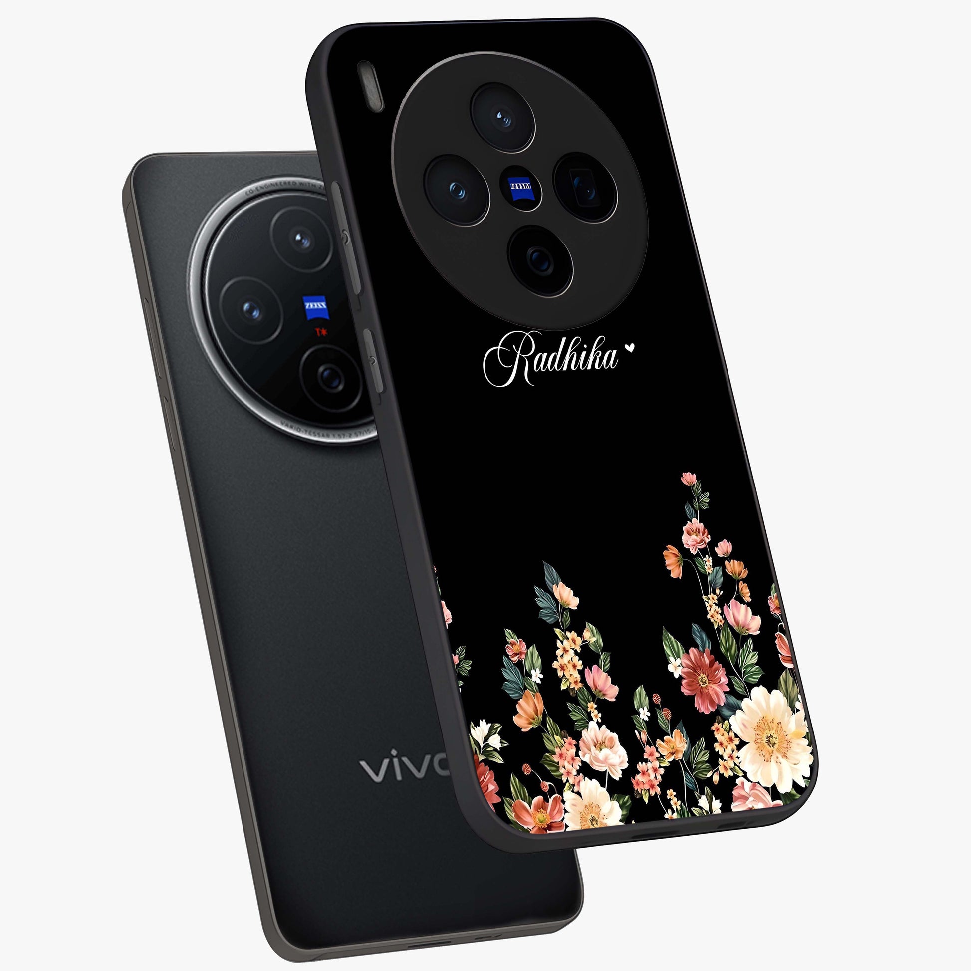 Floral Design With a Custom Personalized Name Glass Case displayed in angled mockup highlighting elegant floral pattern with custom name feature.