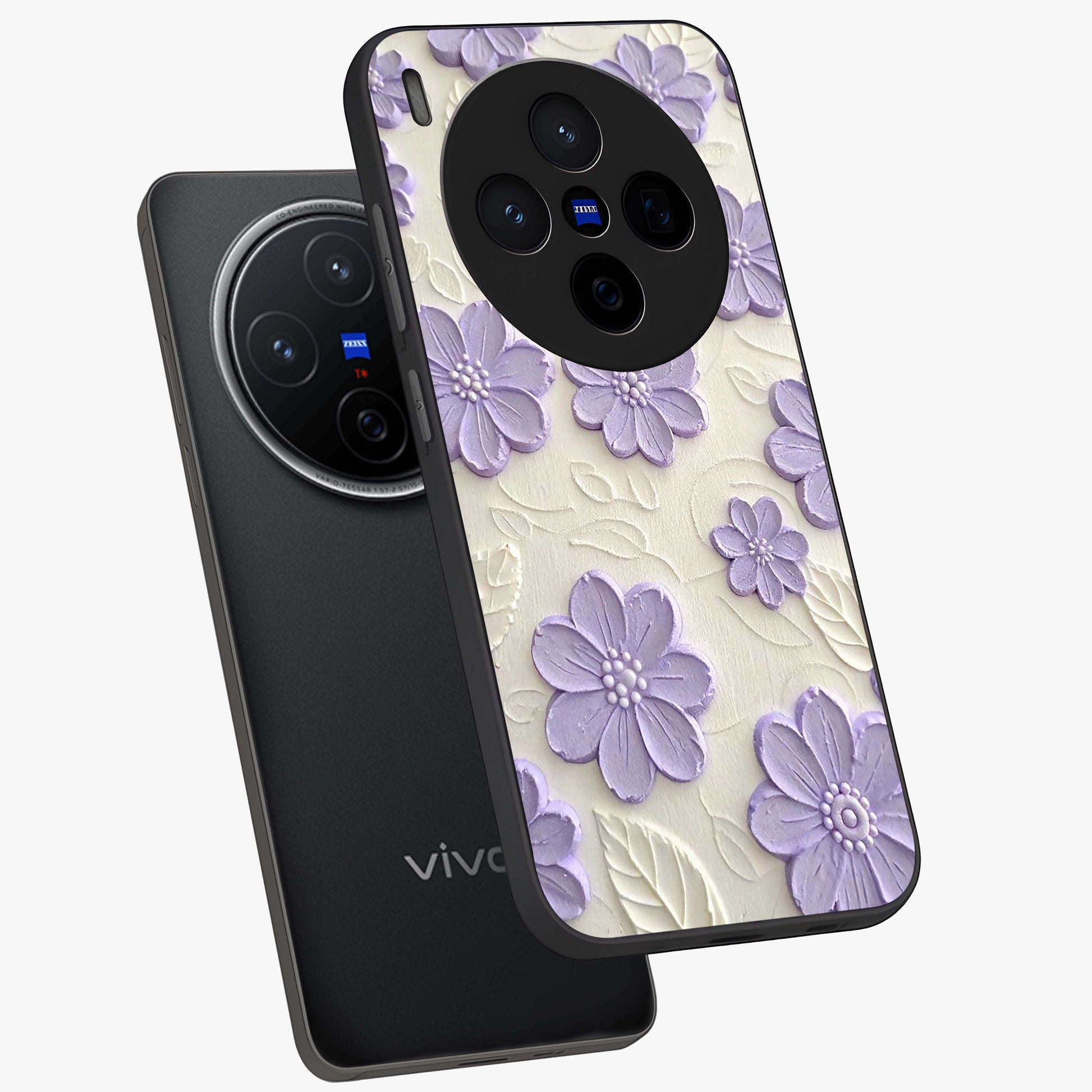 Floral Wall Art With Purple Flowers Glass Case displayed in angled mockup highlighting vibrant purple floral illustration with artistic aesthetic.