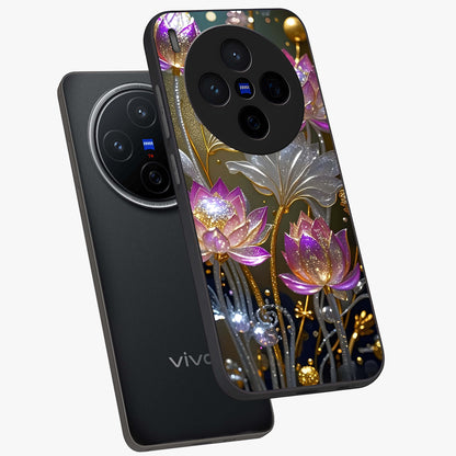 Golden Floral Majesty Glass Case displayed in angled mockup highlighting elegant flower design with royal golden aesthetic.