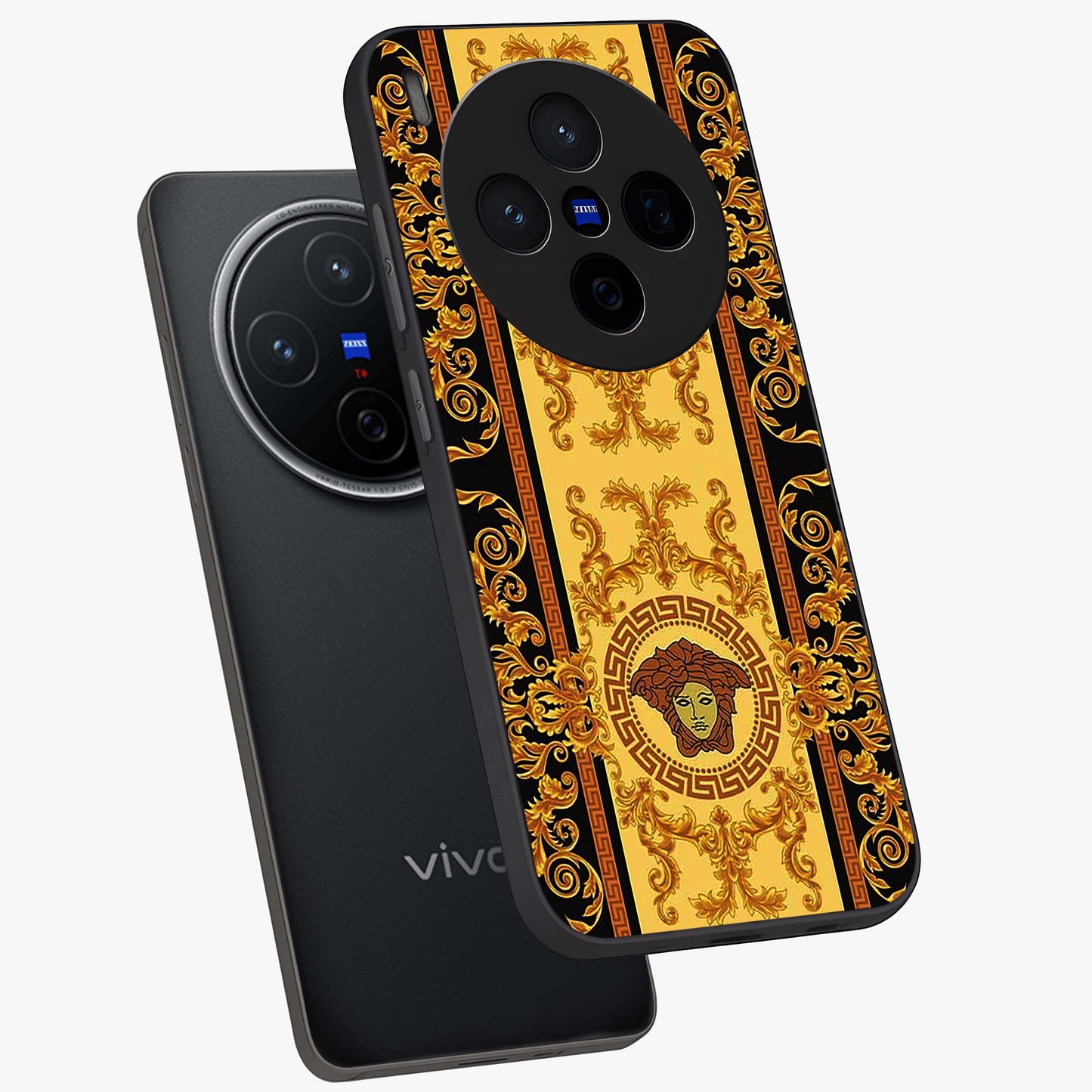 Golden Lotus Glow Glass Case displayed in angled mockup highlighting radiant lotus illustration with spiritual aesthetic.
