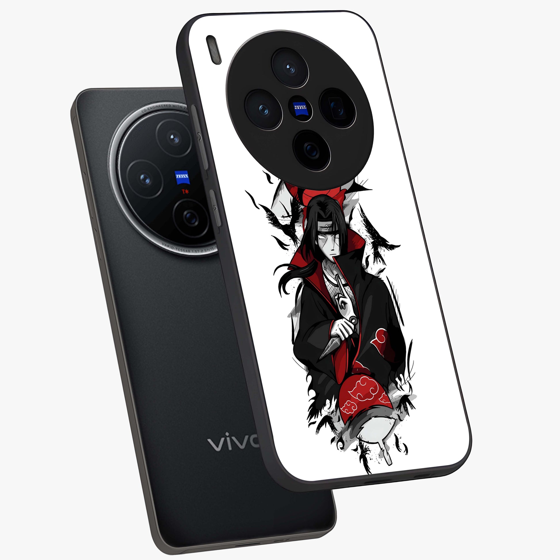 Itachi Limited Edition Naruto Anime Glass Case displayed in angled mockup highlighting dramatic anime illustration with bold action aesthetic.