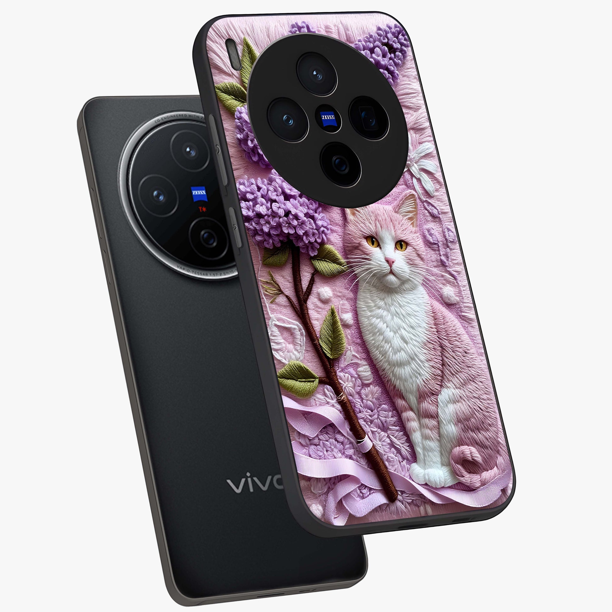 Lavender Cat Whimsy Glass Case displayed in angled mockup highlighting playful feline illustration with pastel lavender aesthetic.