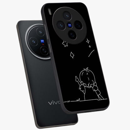 Line Art Girl With Shooting Stars Glass Case displayed in angled mockup highlighting elegant line art design with dreamy star aesthetic.