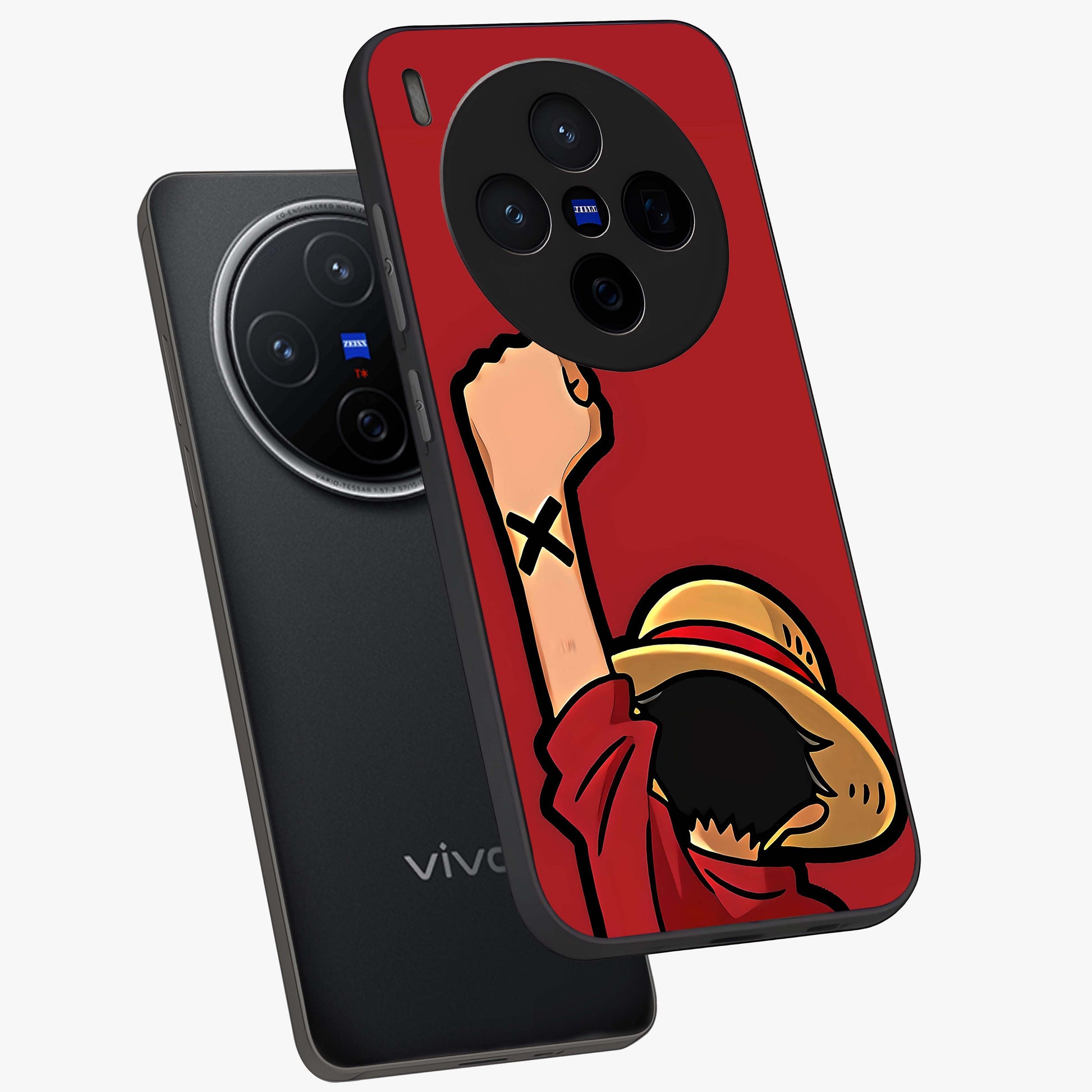 Luffy X Spirit Glass Case displayed in angled mockup highlighting powerful anime design with energetic action aesthetic.
