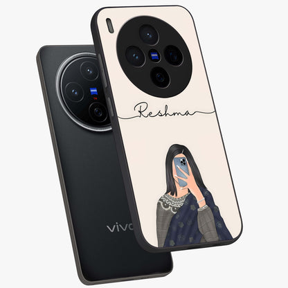 Mirror Mood Muse With Custom Name Glass Case displayed in angled mockup highlighting aesthetic mirror inspired design with custom name feature.