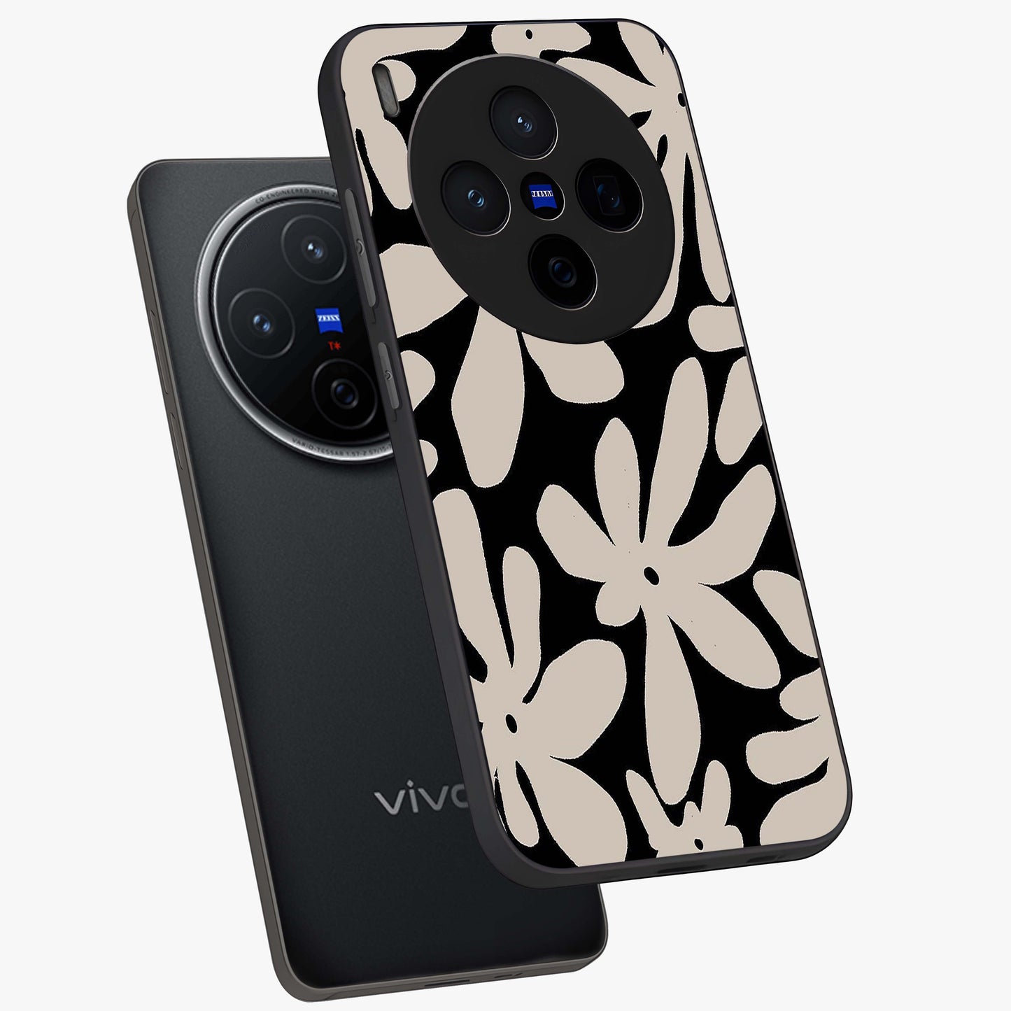 Monochrome Petal Dance Glass Case displayed in angled mockup highlighting elegant petal design with black and white aesthetic.