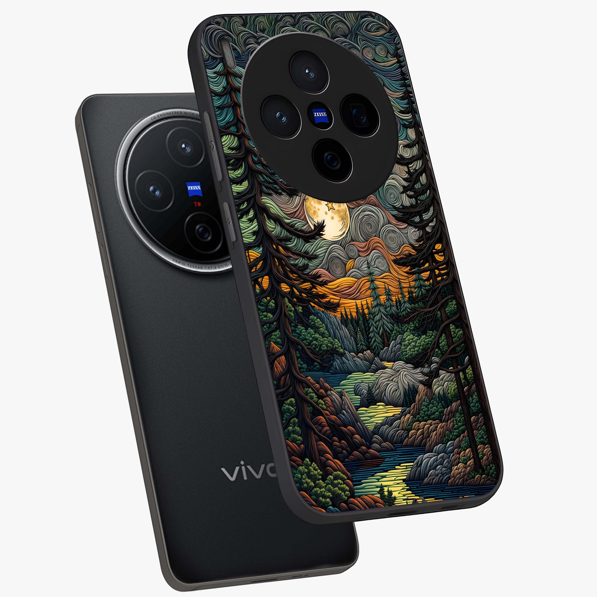 Moonlight Forest Dream Glass Case displayed in angled mockup highlighting dreamy forest design with glowing moon aesthetic.