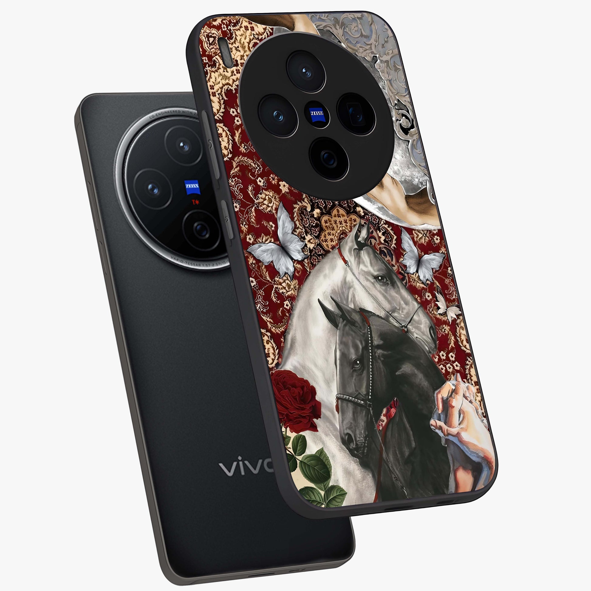 Moonlit Royal Stallion Glass Case displayed in angled mockup highlighting powerful stallion illustration with royal night aesthetic.