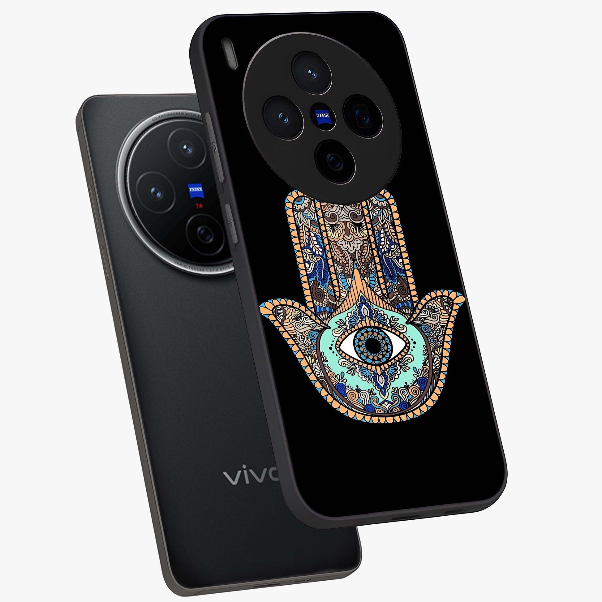 Mystic Hamsa Eye Glass Case displayed in angled mockup highlighting spiritual hamsa symbol with mystical aesthetic style.
