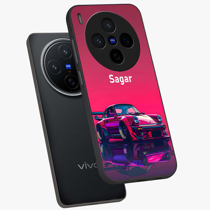 Neon Pink Porsche Glass Case displayed in angled mockup highlighting sleek neon pink car design with racing aesthetic.