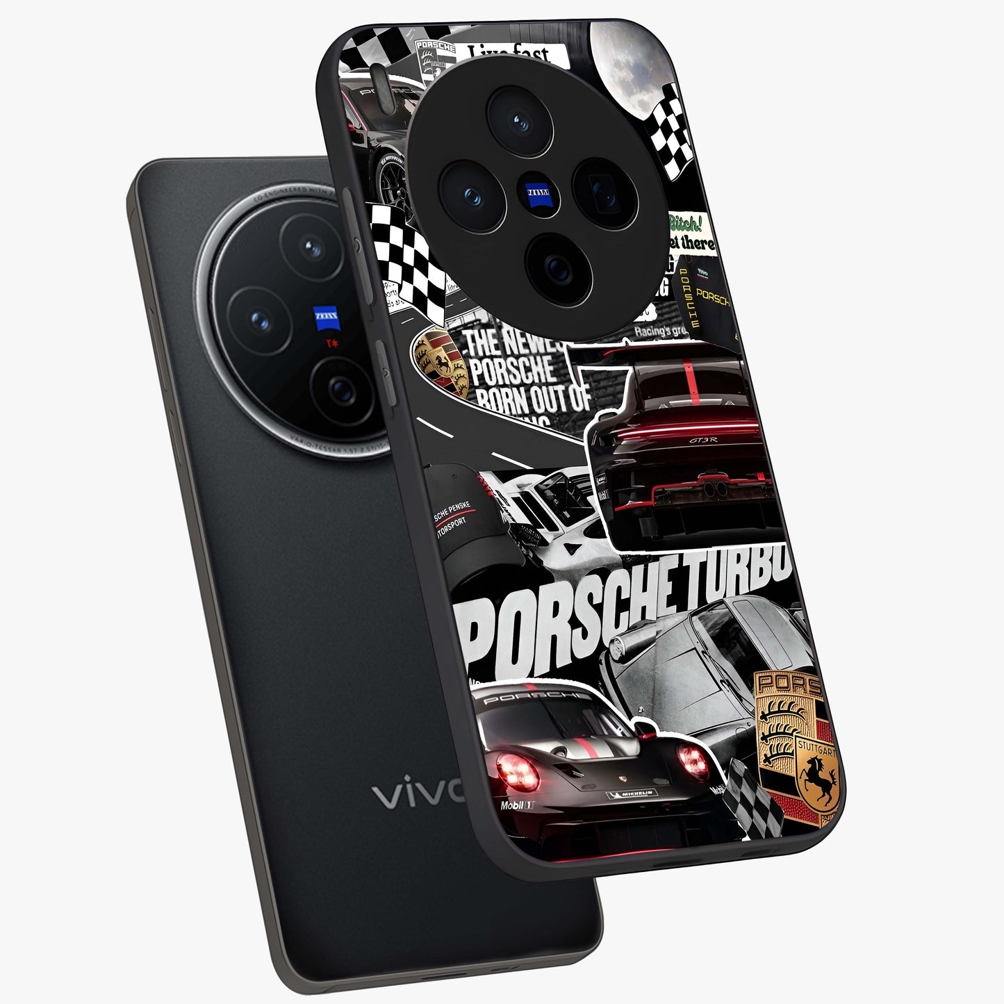Porsche Racing Collage Glass Case displayed in angled mockup highlighting dynamic automotive design with bold racing aesthetic.