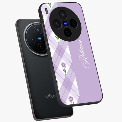 Purple Diamond Floral Glass Case displayed in angled mockup highlighting elegant purple flower design with decorative pattern.