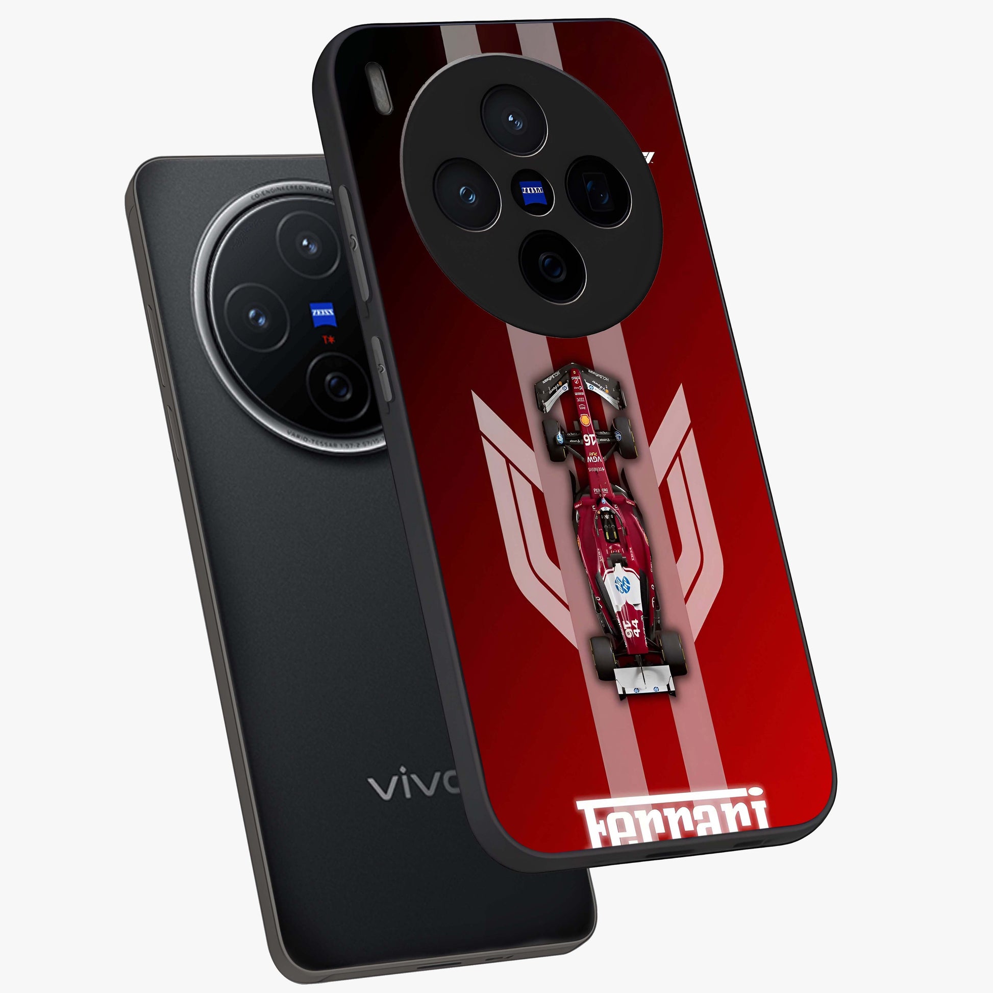 Red Ferrari F1 Vertical Glass Case displayed in angled mockup highlighting high speed racing design with bold automotive aesthetic.