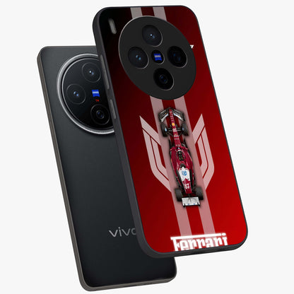 Red Ferrari F1 Vertical Glass Case displayed in angled mockup highlighting high speed racing design with bold automotive aesthetic.
