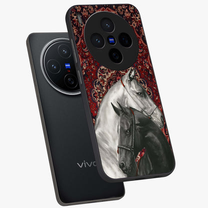 Regal Stallion Tapestry Glass Case displayed in angled mockup highlighting royal stallion design with decorative heritage aesthetic.