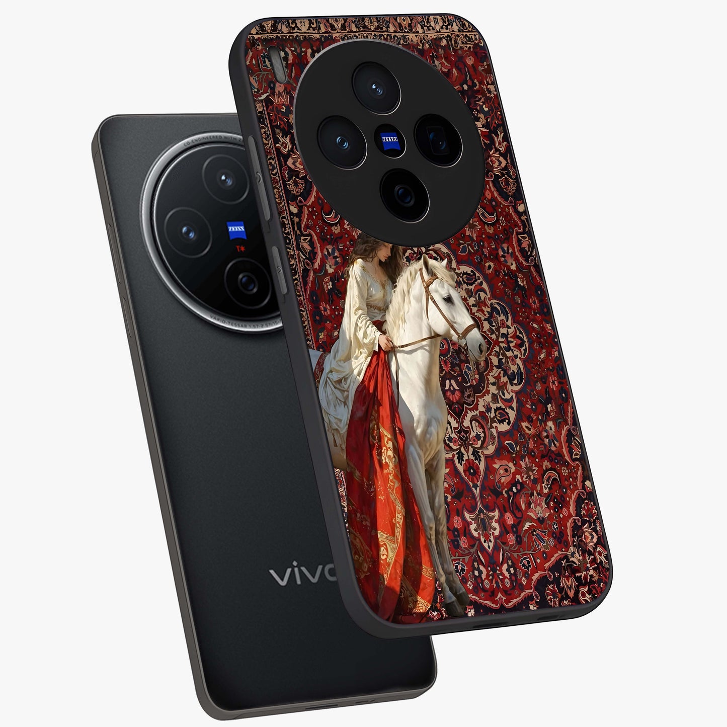 Royal Rider Tapestry Glass Case displayed in angled mockup highlighting traditional tapestry design with royal heritage aesthetic.