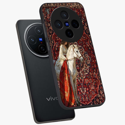 Royal Rider Tapestry Glass Case displayed in angled mockup highlighting traditional tapestry design with royal heritage aesthetic.