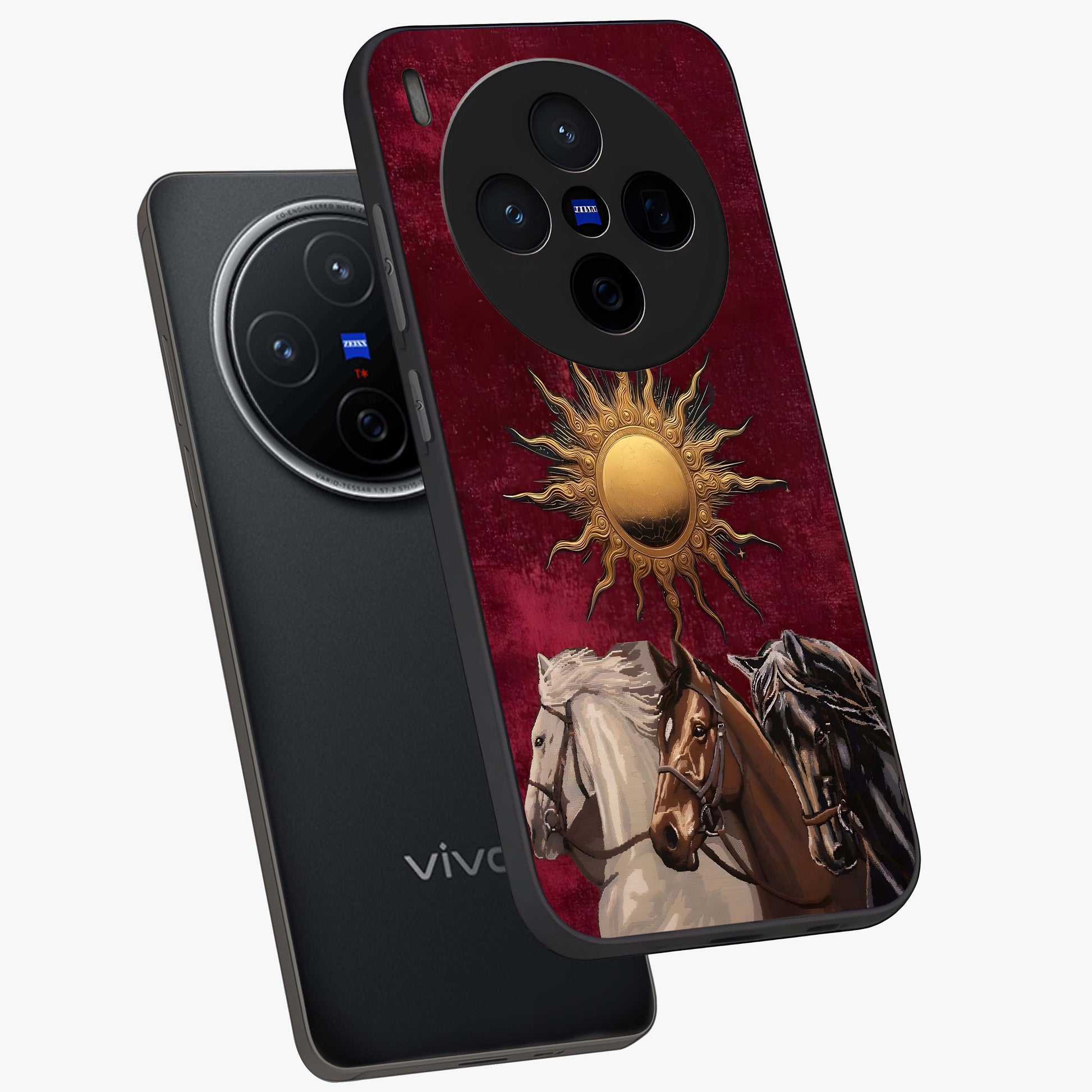 Solar Riders Glass Case displayed in angled mockup highlighting powerful rider illustration with radiant solar aesthetic.