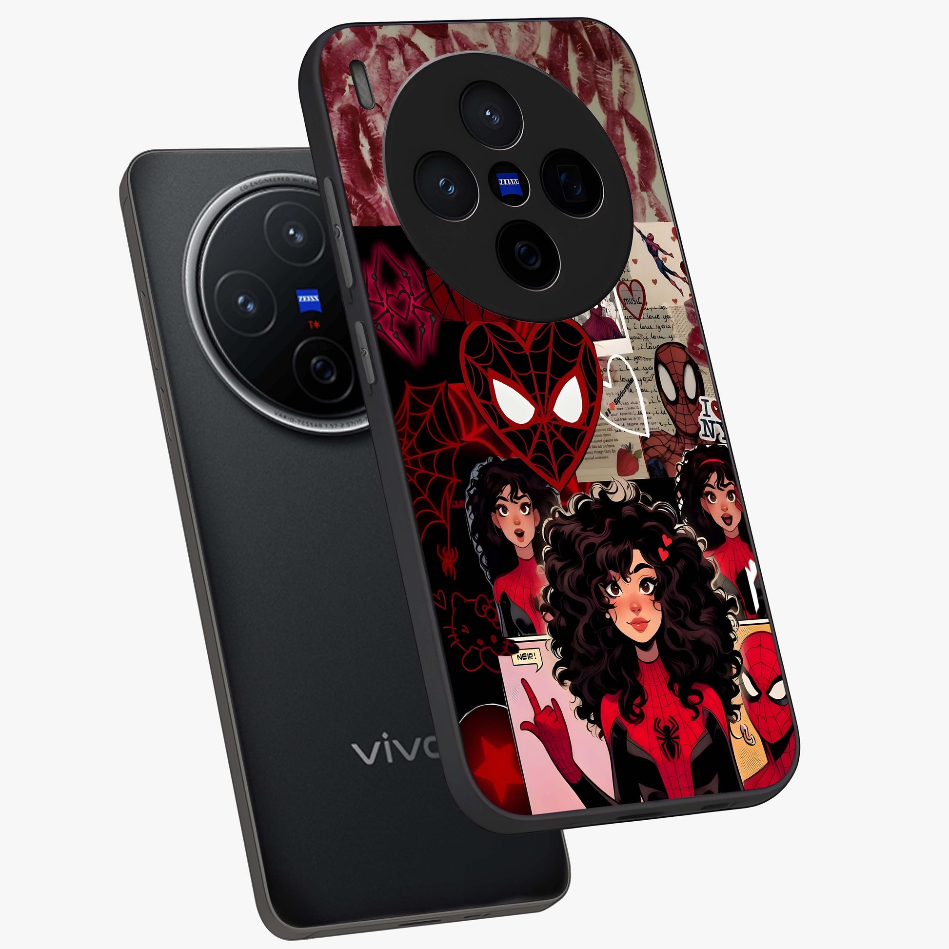Spider Love Story Glass Case displayed in angled mockup highlighting expressive comic inspired design with playful aesthetic.