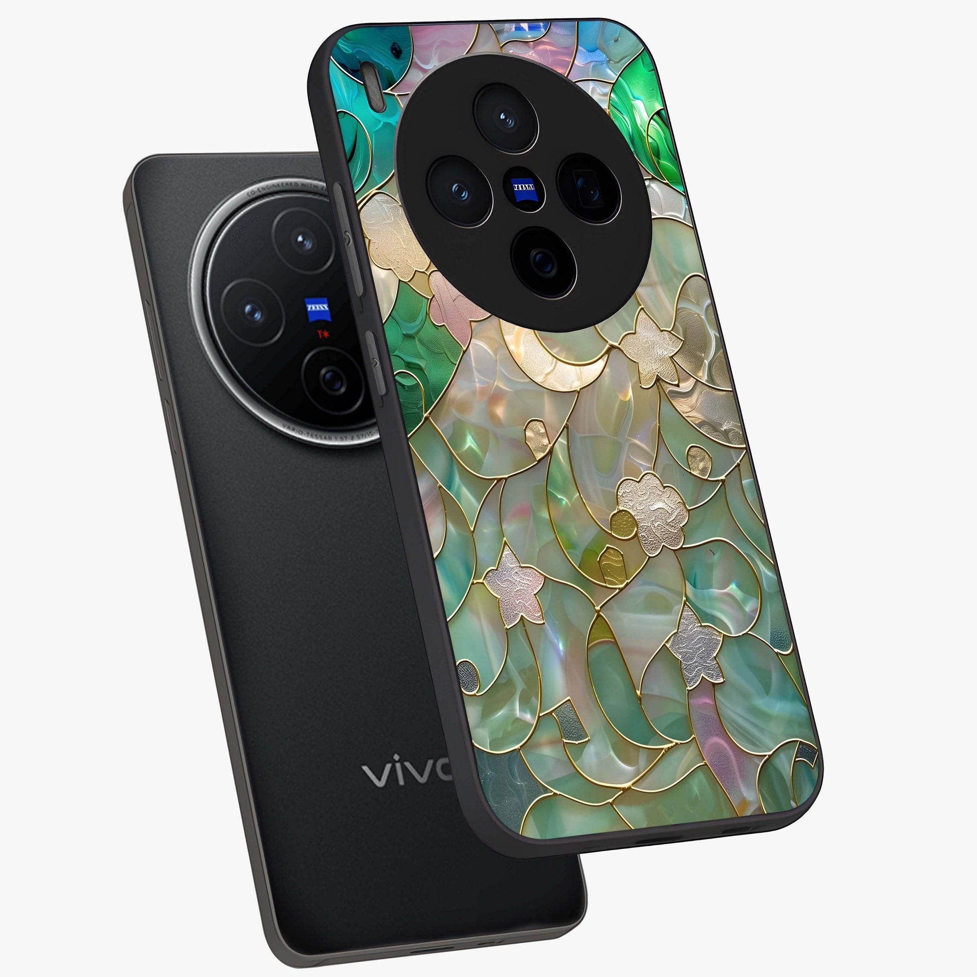Stained Sunrise Glow Glass Case displayed in angled mockup highlighting radiant sunrise design with artistic aesthetic style.