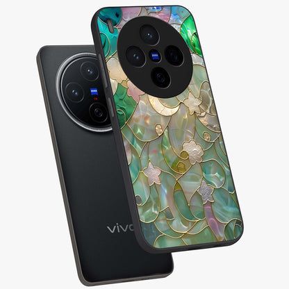 Stained Sunrise Glow Glass Case displayed in angled mockup highlighting radiant sunrise design with artistic aesthetic style.