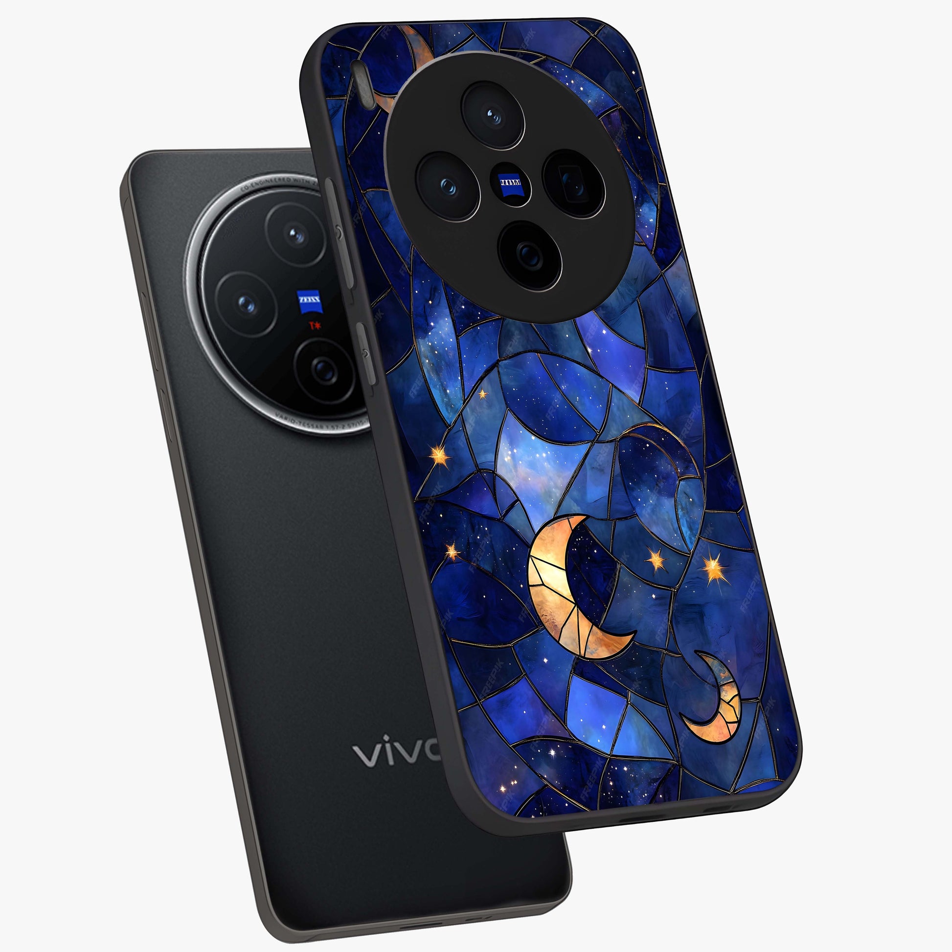 Starlit Sky Tapestry Glass Case displayed in angled mockup highlighting celestial night pattern with artistic aesthetic style.