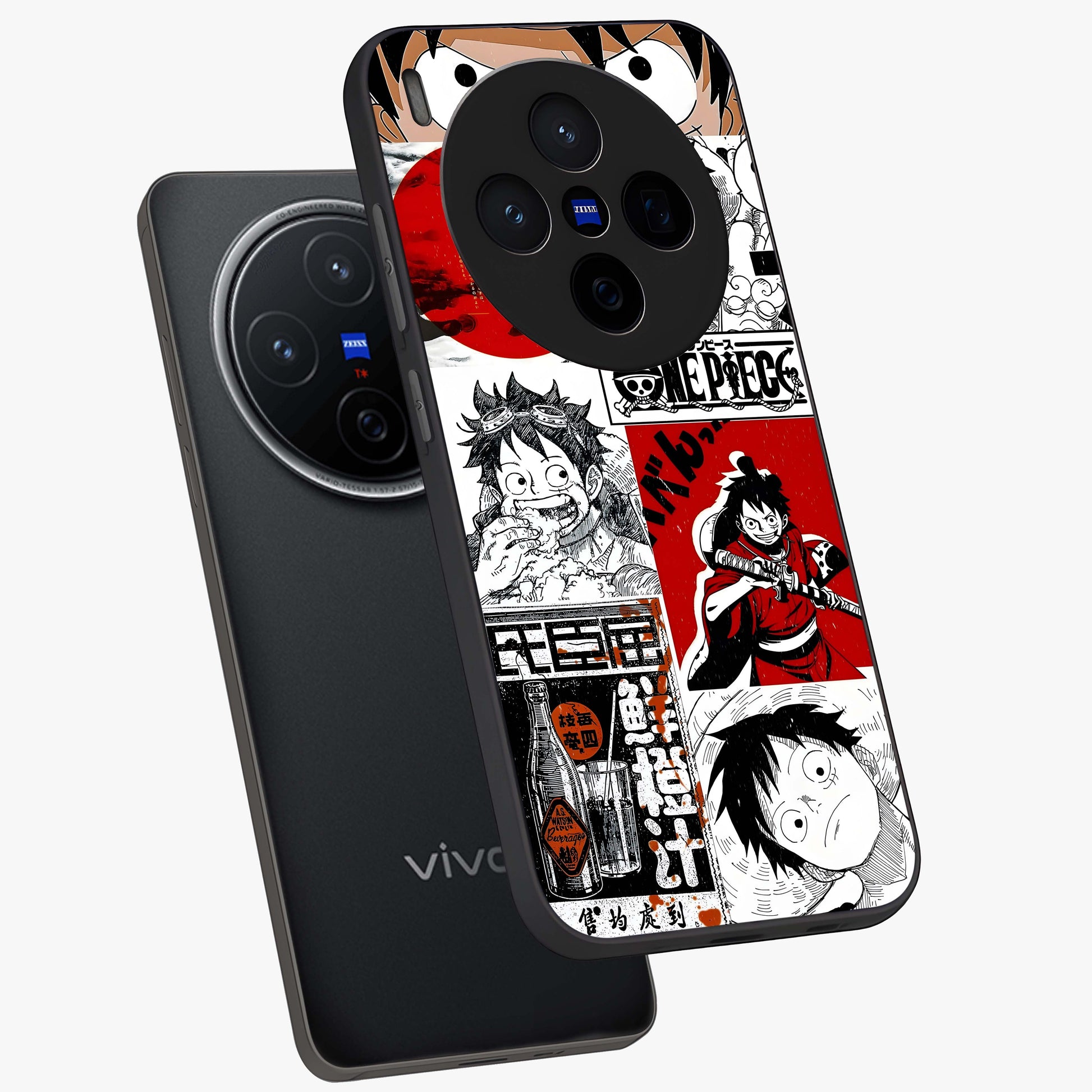 Strawhat Chaos Panels Glass Case displayed in angled mockup highlighting vibrant anime collage design with action aesthetic.