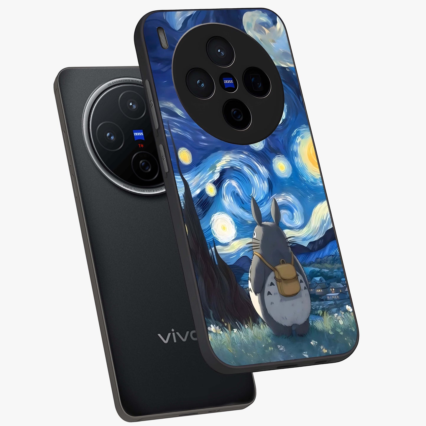 Totoro In Van Gogh Art Glass Case displayed in angled mockup highlighting artistic swirling sky design with playful animation aesthetic.