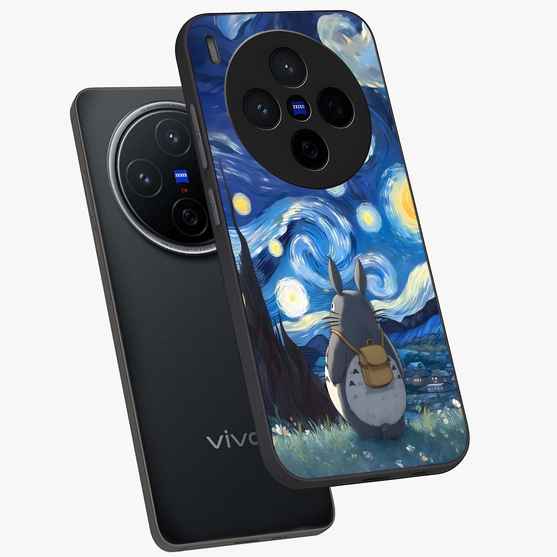 Totoro In Van Gogh Art Glass Case displayed in angled mockup highlighting artistic swirling sky design with playful animation aesthetic.