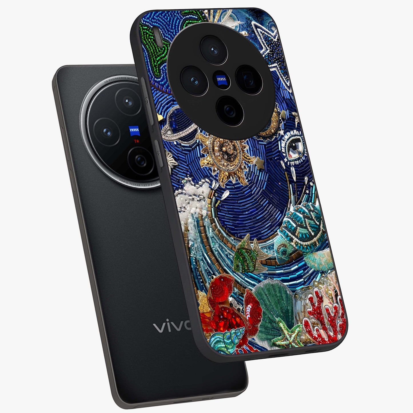 Universe Underwater Spark Glass Case displayed in angled mockup highlighting glowing aquatic design with celestial aesthetic.