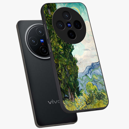 Van Gogh Vintage Art Glass Case displayed in angled mockup highlighting textured brushstroke design with classic aesthetic.
