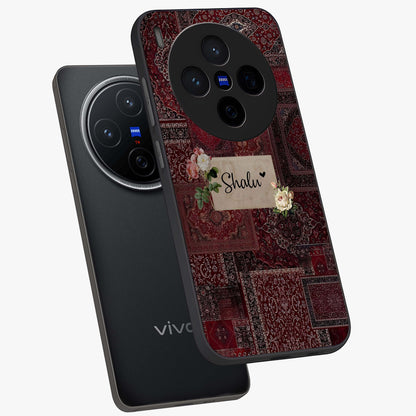 Velvet Wine Pattern Custom Name Glass Case displayed in angled mockup highlighting decorative velvet inspired design with custom name feature.