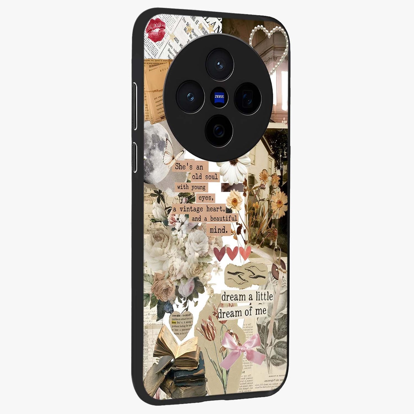 Aesthetic Brown Vintage Collage Glass Case upright view showcasing nostalgic retro artwork with stylish vintage theme.