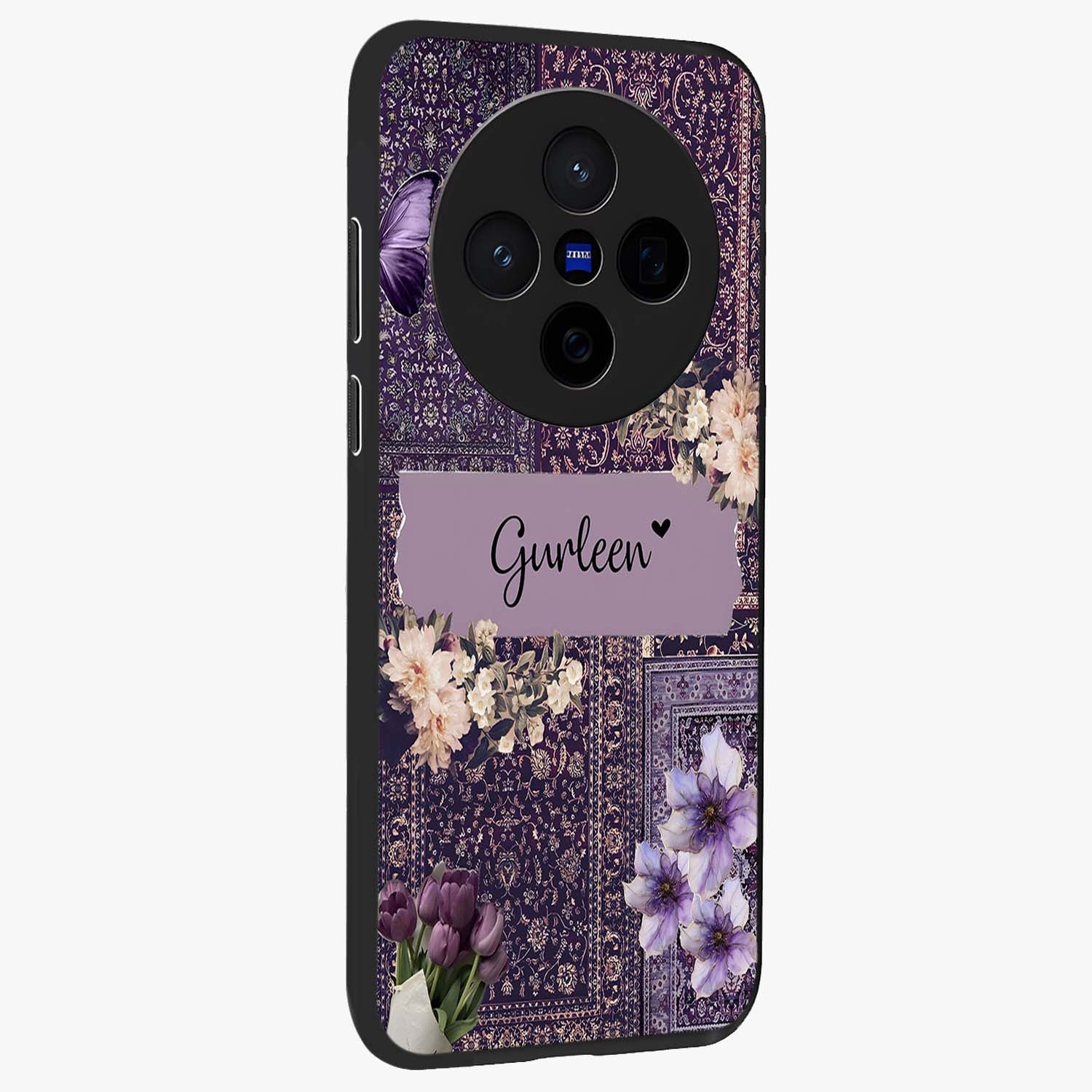 Antique Floral Whisper Custom Name Glass Case upright view showcasing delicate floral artwork with custom name feature.