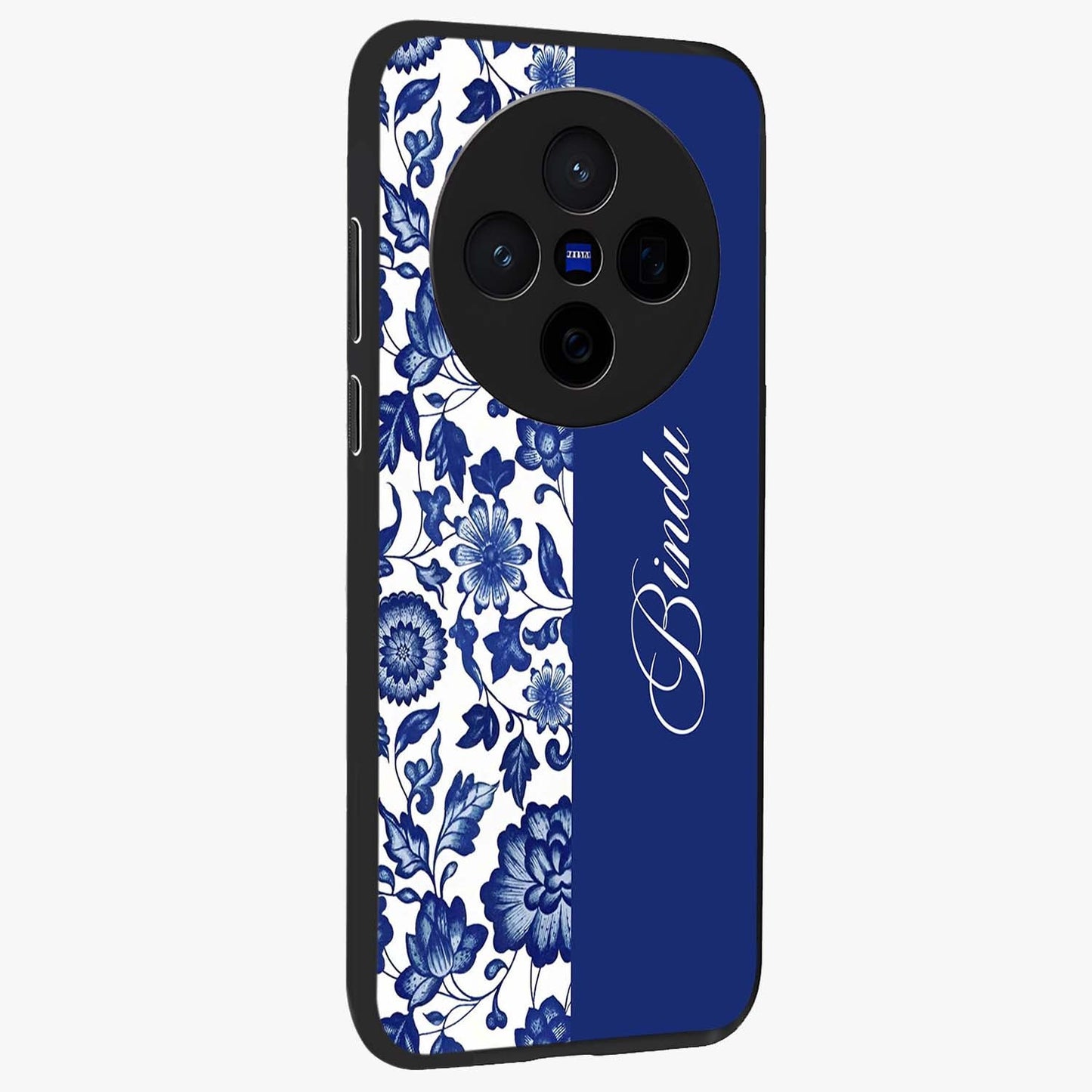 Blue Vintage Floral Pattern Glass Case upright view showcasing delicate blush floral texture with modern minimal style.