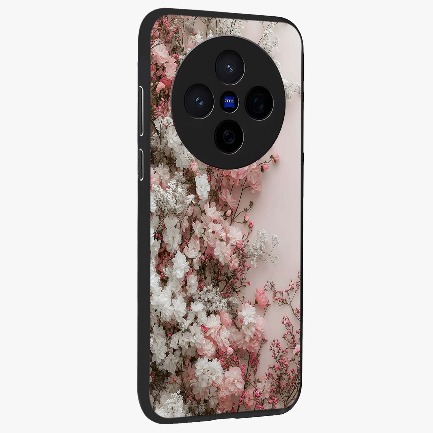 Blush Blossom Cloud Glass Case upright view showcasing calm floral cloud artwork with gentle dreamy theme.