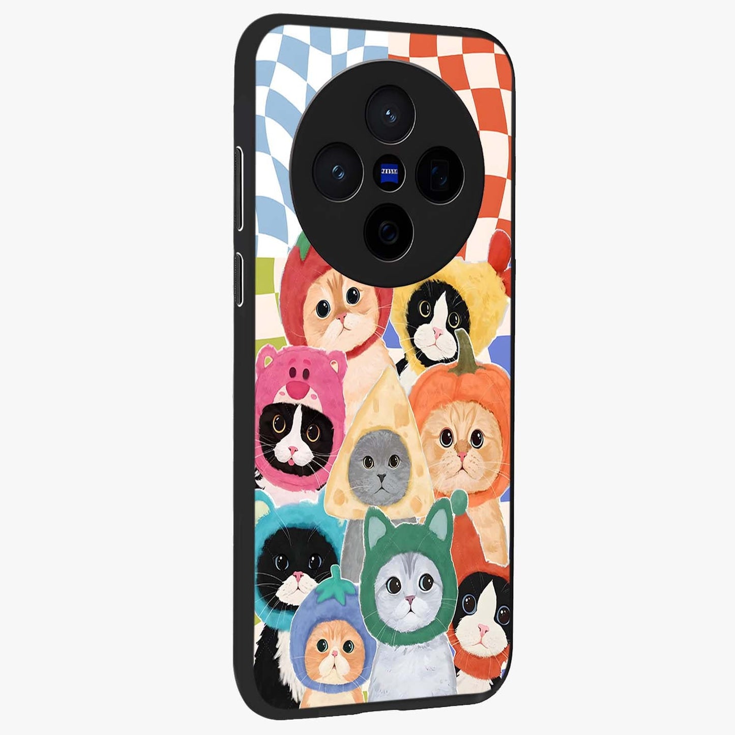 Cats in Fruits Glass Case upright view showcasing charming cat artwork with fun fruity theme.