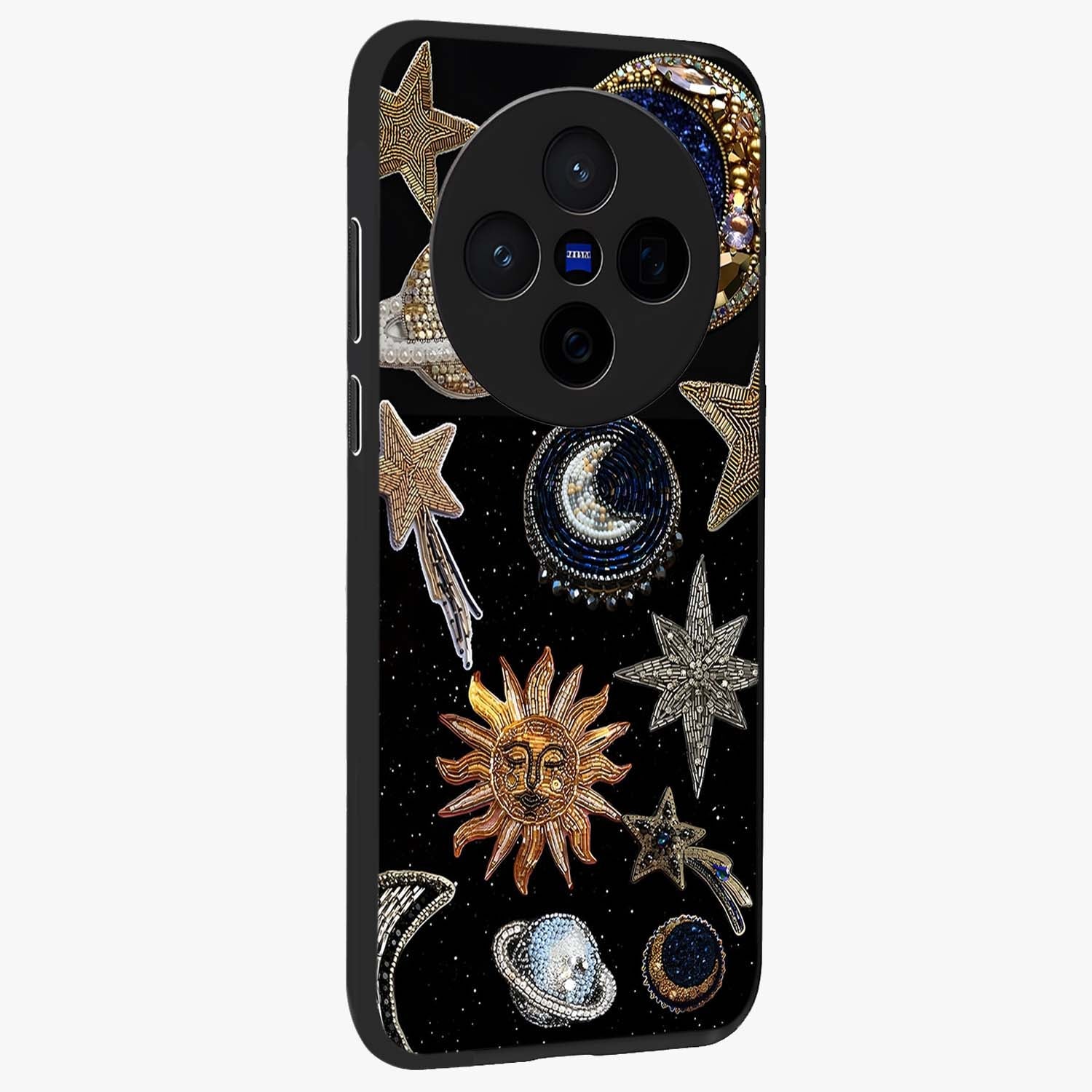 Celestial Gem Constellations Glass Case upright view showcasing cosmic constellation artwork with celestial aesthetic style.