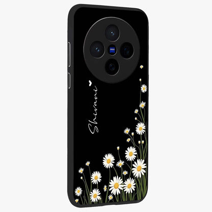 Daisy Cascade Custom Name Glass Case upright view showcasing elegant floral cascade design with personalized aesthetic.