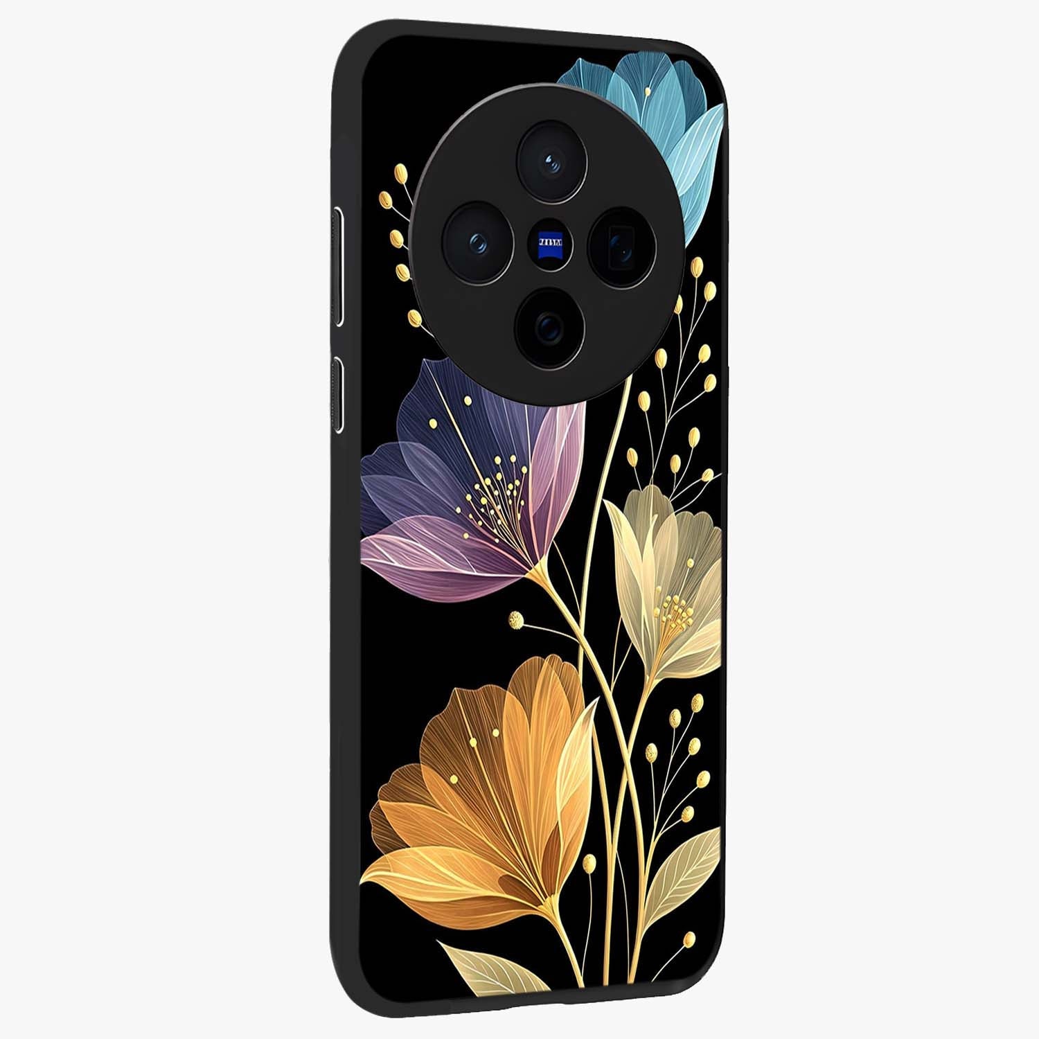 Delicate Multicolor Flowers Glass Case upright view showcasing delicate floral artwork with bright botanical theme.