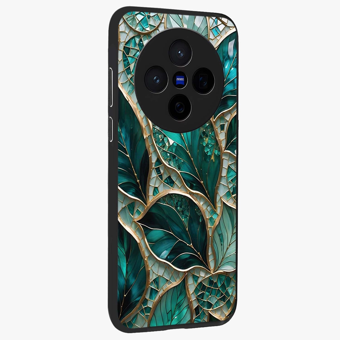 Emerald Leaf Glass Glass Case upright view showcasing fresh green leaf artwork with calming nature inspired style.