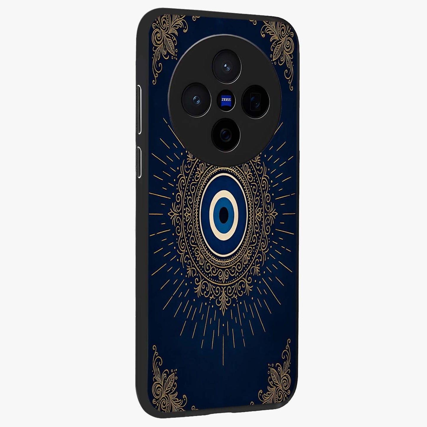 Golden Celestial Charm Glass Case upright view showcasing radiant celestial artwork with elegant golden theme.