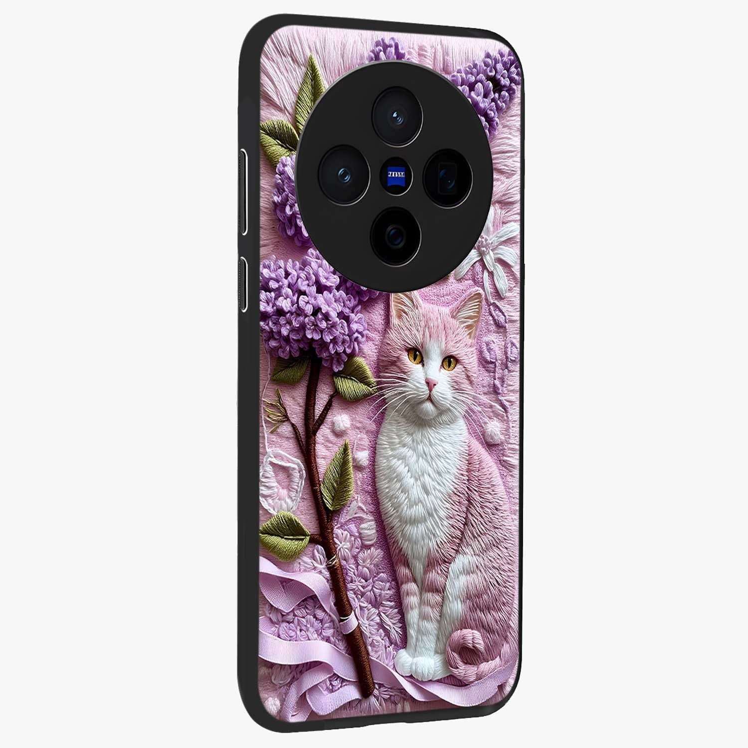 Lavender Cat Whimsy Glass Case upright view showcasing charming cat artwork with whimsical lavender theme.