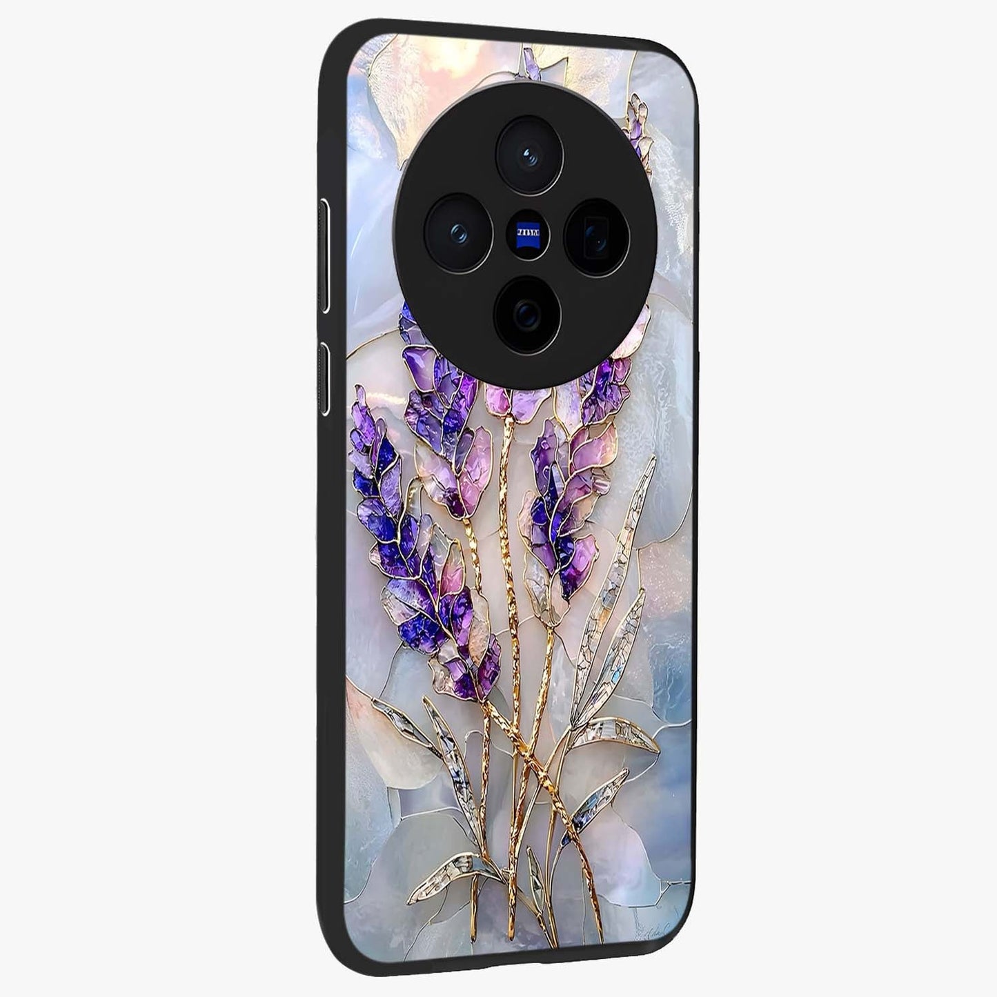 Lavender Dream Glow Glass Case upright view showcasing radiant lavender glow artwork with calming dreamy theme.