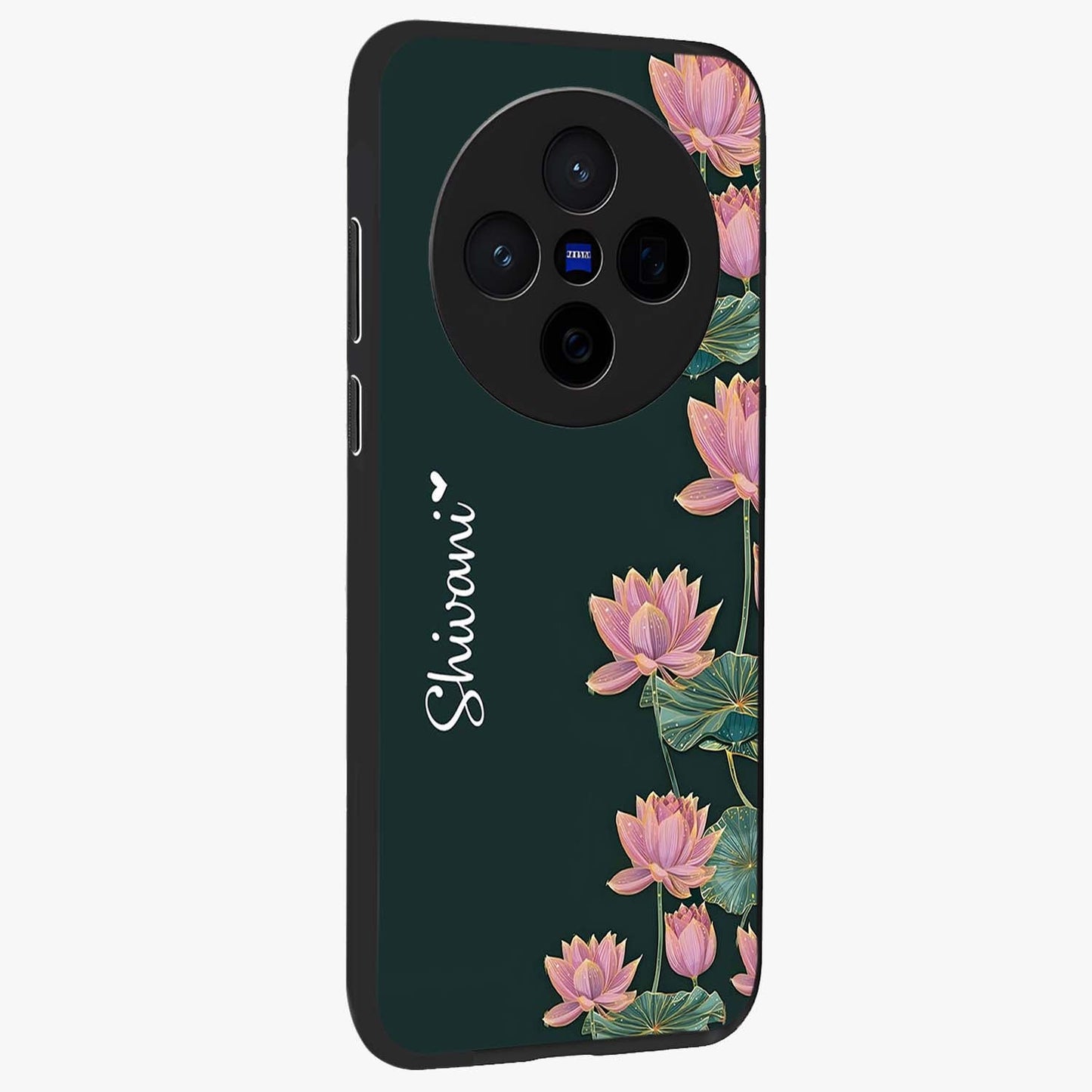 Lotus Bloom Serenity Custom Name Glass Case upright view showcasing serene lotus bloom artwork with personalized floral aesthetic.