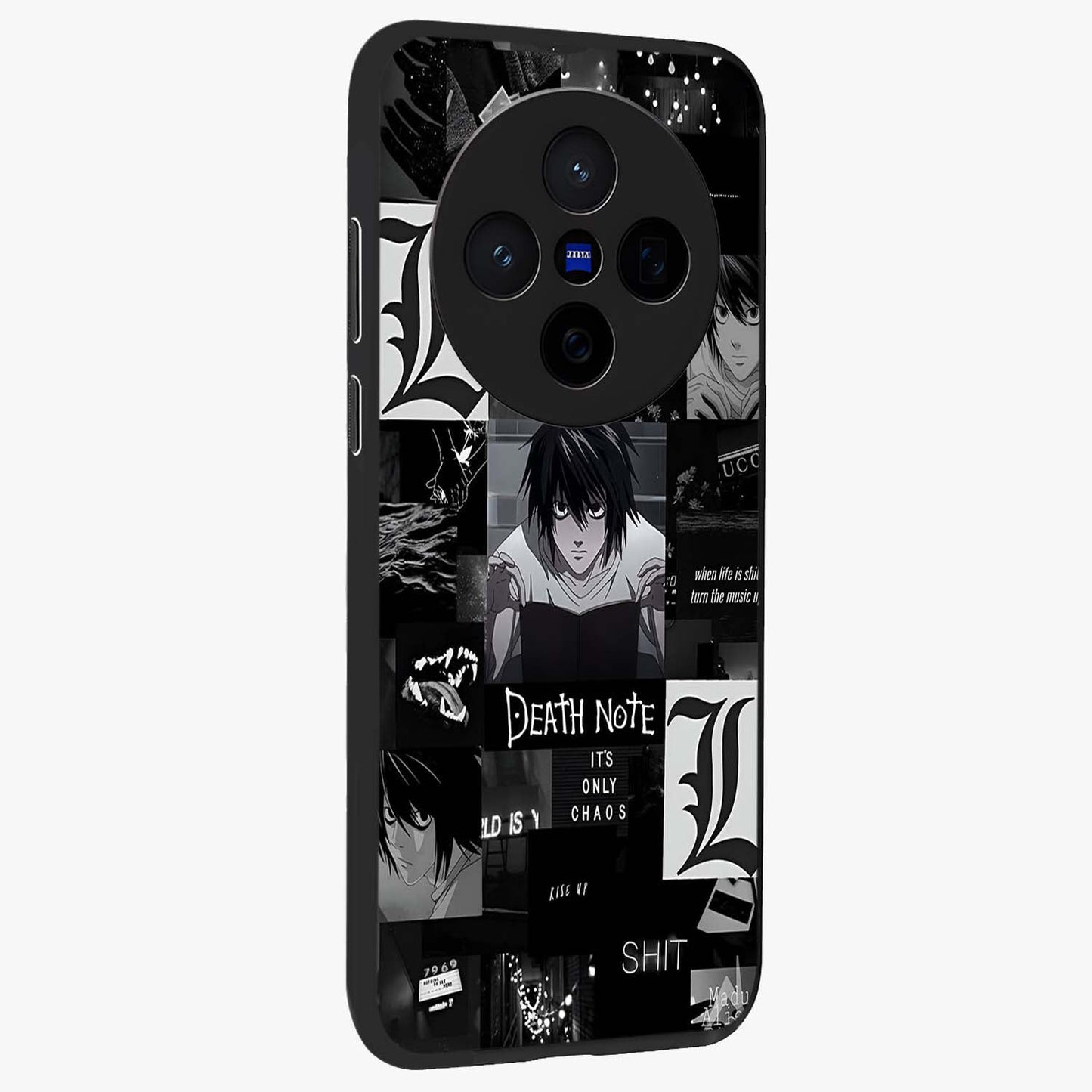 Midnight Chaos Mind Glass Case upright view showcasing expressive abstract artwork with bold dark theme.