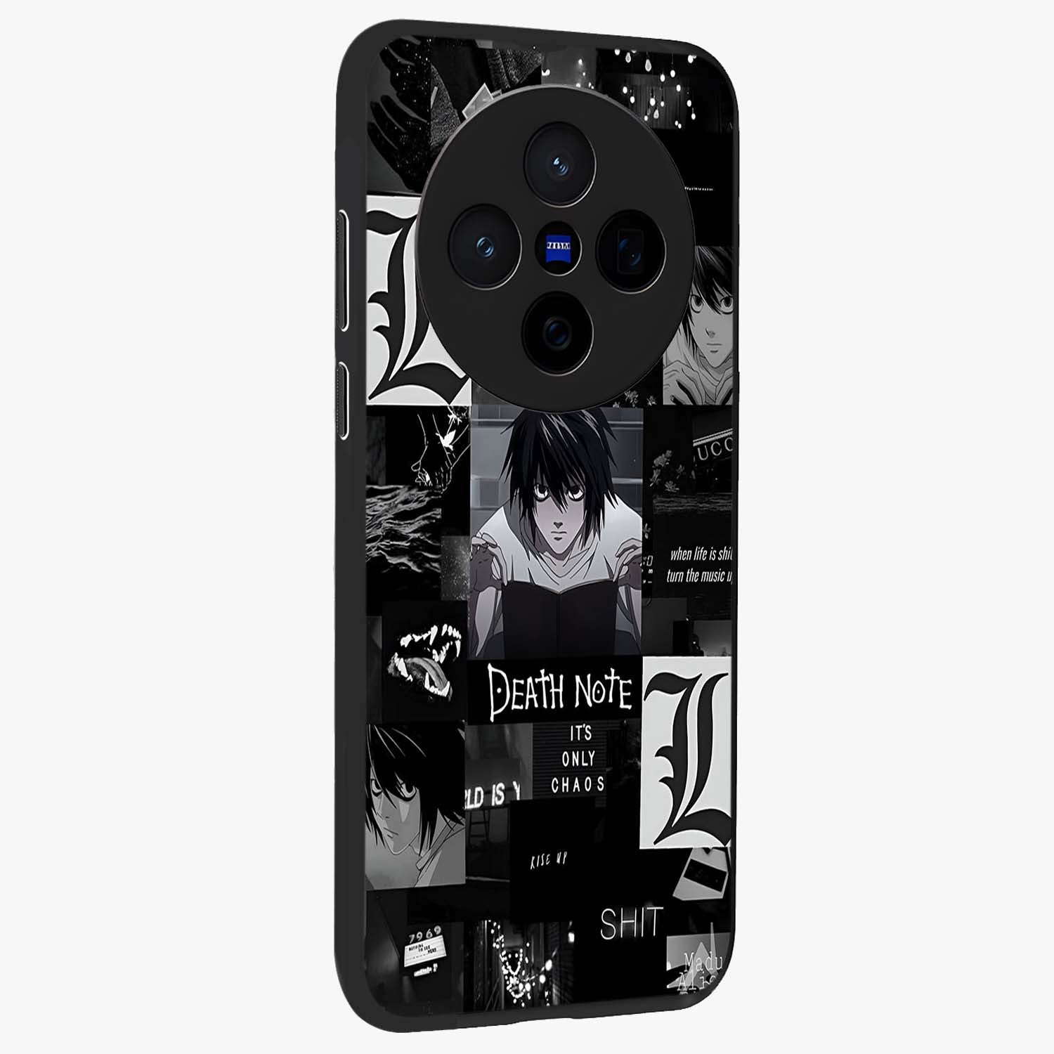 Midnight Chaos Mind Glass Case upright view showcasing expressive abstract artwork with bold dark theme.