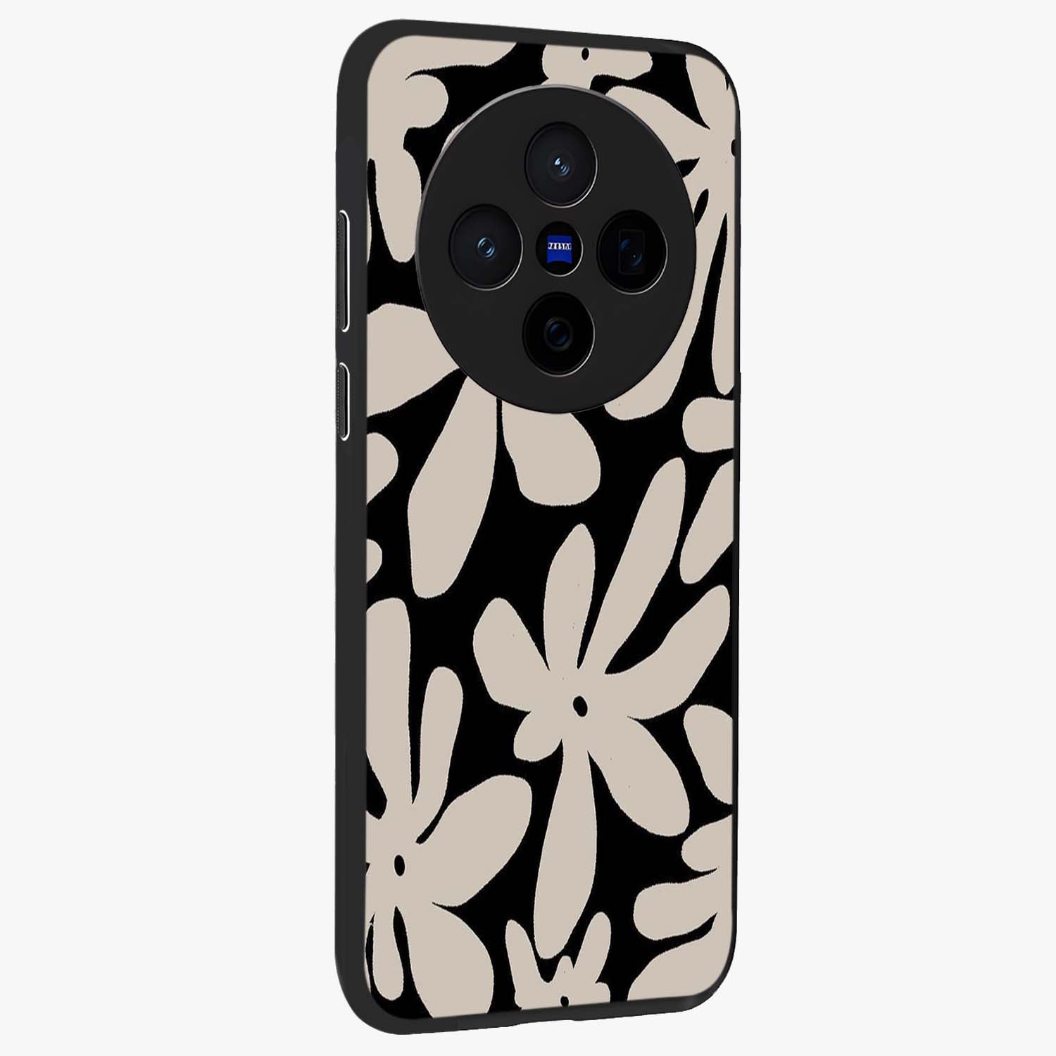 Monochrome Petal Dance Glass Case upright view showcasing artistic floral pattern with stylish monochrome theme.