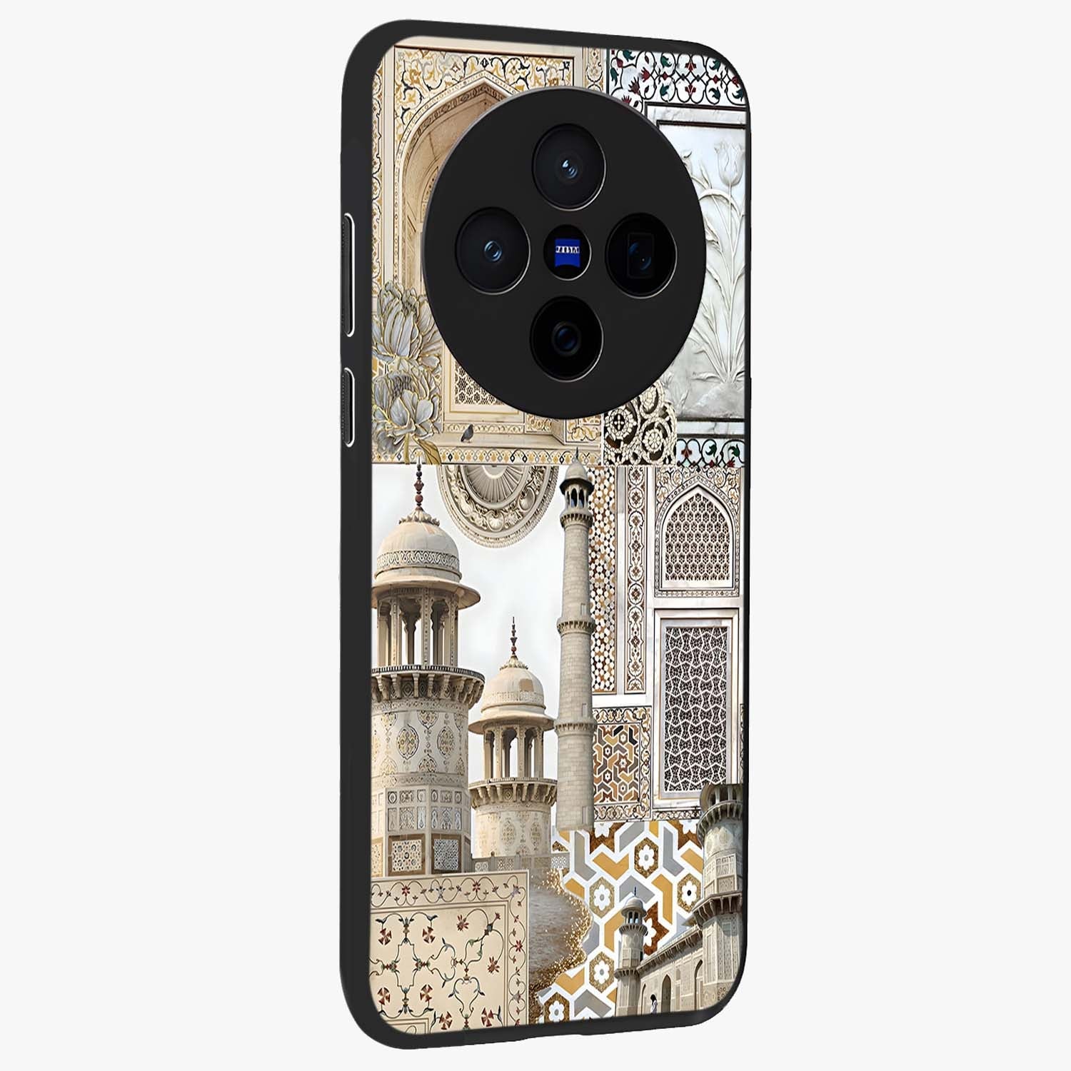 Mughal Marble Legacy Glass Case upright view showcasing ornate Mughal design with luxurious traditional theme.