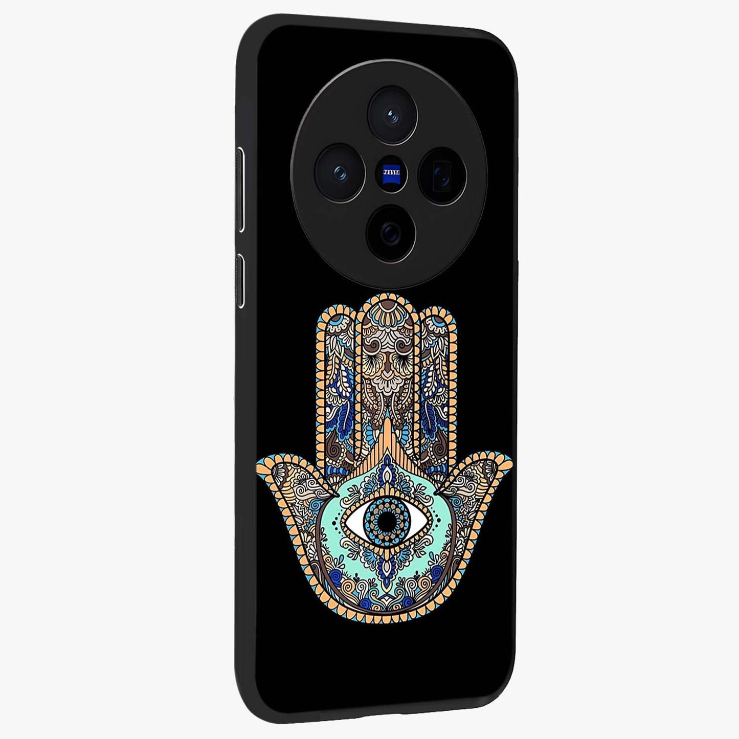 Mystic Hamsa Eye Glass Case upright view showcasing detailed hamsa eye artwork with protective spiritual theme.